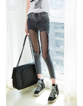 街头潮流渔网袜破洞裤女弹力显瘦九分小脚裤