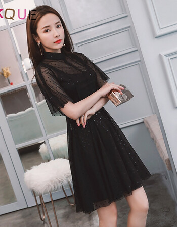 vkque 黑色礼服裙女2018新款夏季学生毕业名媛性感短款女派对修身