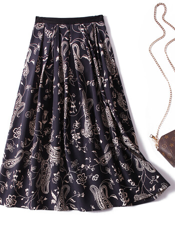 纯原 复古腰果花 时尚压褶 高腰显瘦真丝半身裙夏 2