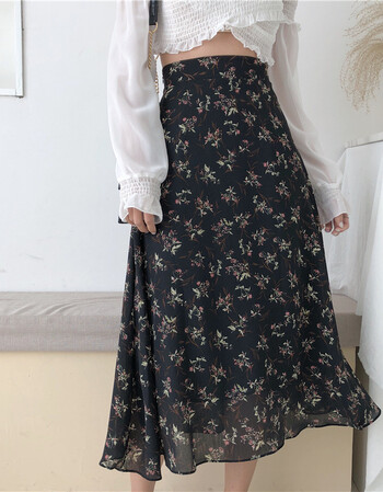 chic韩风高腰显瘦碎花a字型中长款裙子甜美气质学生百搭半身裙女 深色