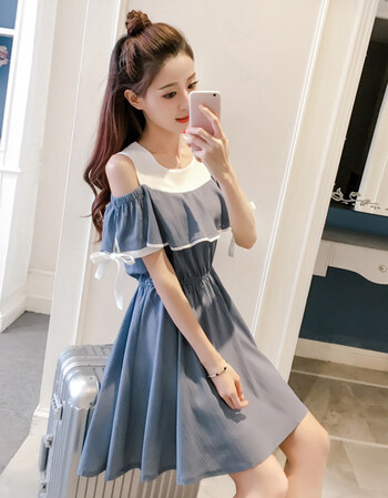 珂梵图少女2018新款夏装小清新露肩连衣裙初中高中学生韩版荷叶边中