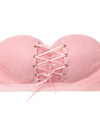 无肩带文胸聚拢隐形无钢圈内衣一字肩抹胸式胸罩上托裹定制新款 粉色