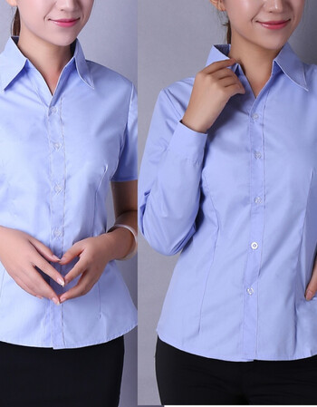 新款夏季女纯蓝衬衫短袖职业装蓝色衬衣长袖工作服v领收腰工装 蓝色
