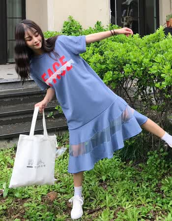 夏季新款加长款棉质t恤连衣裙韩版过膝宽松拼接网纱体恤女潮 深蓝色