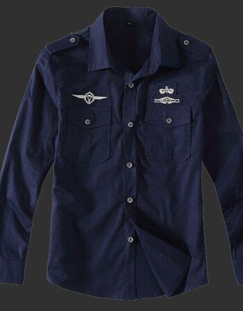 军工装秋季新款军工装衬衫 男士敢死队长袖衬衫空军衬衣肩章大码 深