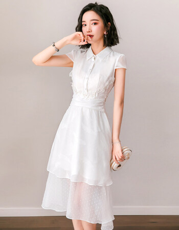 法莎尼亚轻奢品牌连衣裙女2018夏季新款女装雪纺气质polo领中长款小