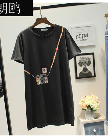 年夏季新款宽松大板型加大加肥大码女装肥款印花a字连衣裙 黑色相机