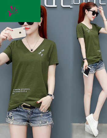 新款短袖t恤女装时尚v领宽松显瘦体恤打底衫上衣n-e244-8510 墨绿色 l