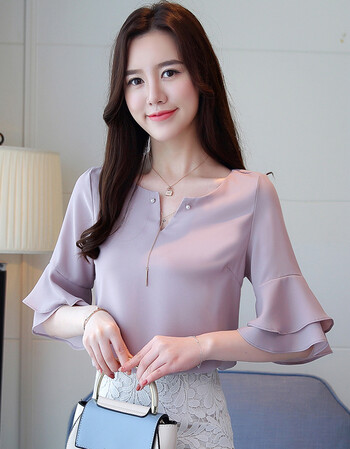 潮牌雪纺衫短袖2018新款夏季雪纺短袖女夏上衣超仙甜美成熟气质荷叶边