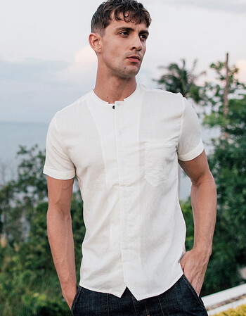 男士欧美个性圆领短袖衬衫 男白色修身衬衣潮1370 白色 l/175