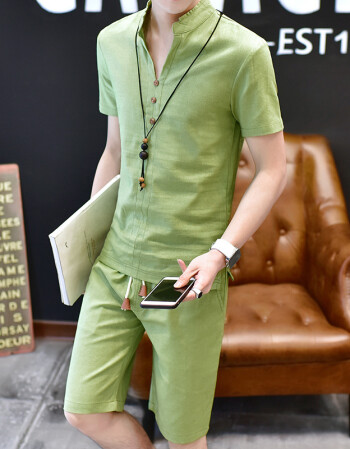 短袖男夏季男士v领t恤休闲运动两件套装韩版潮流一套衣服男装 绿色 m