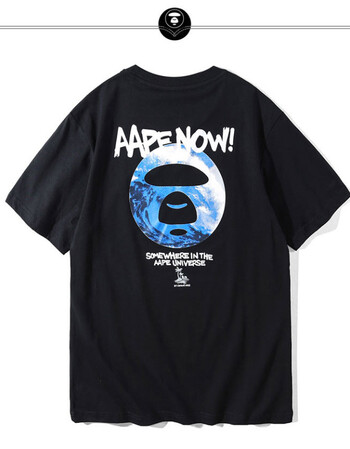 aape潮牌男女款后背蘑菇印花t恤休闲情侣纯棉百搭短袖上衣夏 黑蓝 l