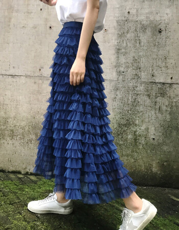 春夏新款半网纱裙重工中长款高腰层层裙纱裙女半身裙潮仙 深蓝色 加送