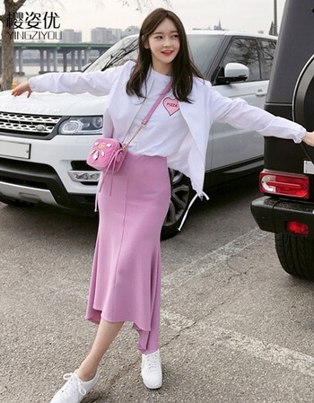 上衣配裙子女2018新款夏装时尚裙子两件套短袖t恤套装 白t恤 粉色半身