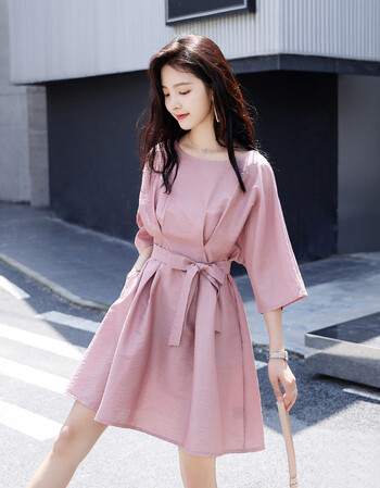 娜织连衣裙女夏2018新款韩版高腰显瘦气质纯色中长款插肩袖淑女a字裙 