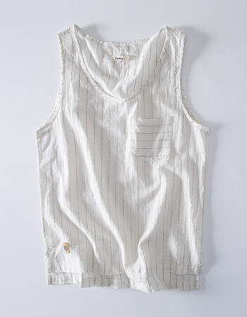 夏季亚麻坎袖背心男潮牌中国风男士棉麻宽松夏季运动透气无袖t恤 米