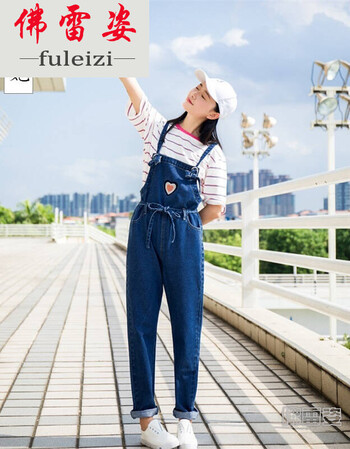 佛雷姿夏季少女时尚休闲可爱刺绣初中生女生牛仔背带裤女学生宽松连体