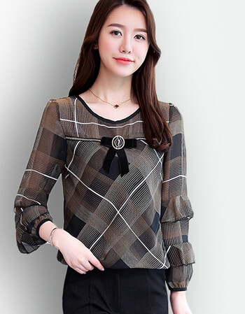 雪纺衫女长袖2018春季新款荷叶袖印花百搭上衣显瘦小衫宽松打底衫