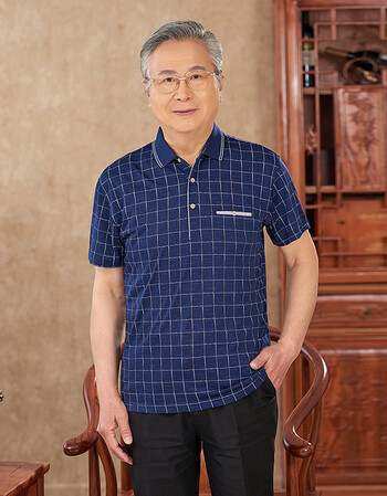 老年人t恤男短袖男装老头汗衫老人上衣宽松翻领体恤爷爷夏季衣服 蓝色