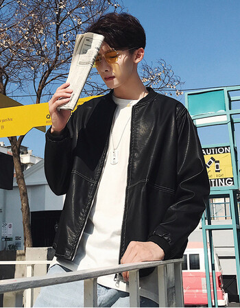 2018新品男士潮款秋装新品文艺潮男落肩袖宽松皮衣 港仔男士明线外套