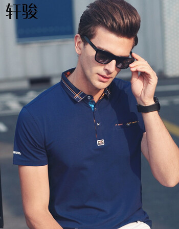 新款青年男士短袖t恤棉polo纯色体恤商务时尚潮男款 7102蓝色 180/xl