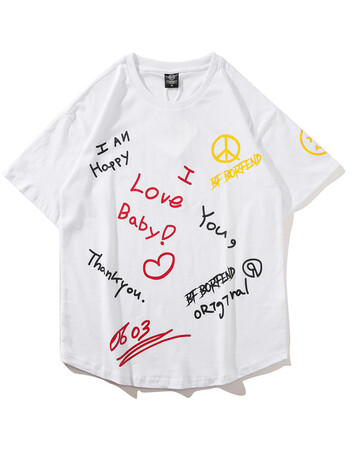 夏季涂鸦创意图案宽松半袖t恤男女五分袖原宿风打底衫 白色 xl