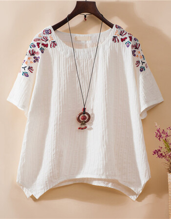 棉麻t恤亚麻料女上衣新款夏天衣服宽松休闲女装薄款绵麻短袖衬衫 白色