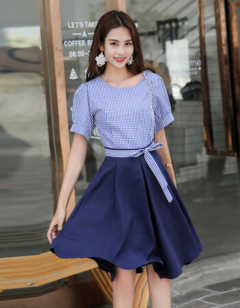 格子连衣裙女夏2018韩版时尚气质显瘦中长款小清新温柔仙女裙 蓝色 s