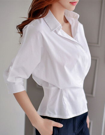逸宛白衬衫女2018新款秋装时尚气质职业衬衣收腰白色心机上衣 设计感