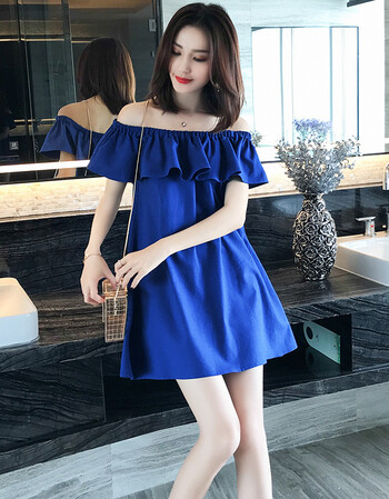 新品一字肩连衣裙女夏2018新款露肩性感抹胸小个子海边度假宽松沙滩裙