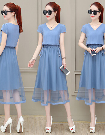 维纳雪纺连衣裙女装2018夏季新款时尚气质网纱中长款韩版夏装v领裙子