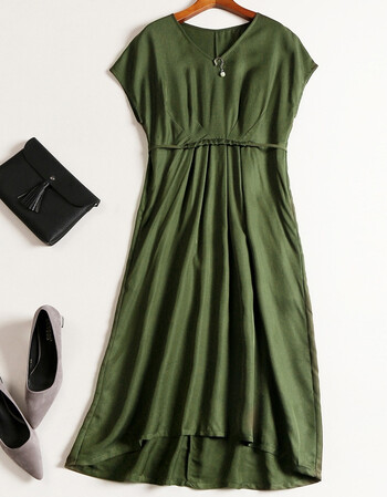 蝶依2018夏季新款简约纯色中长裙高腰显瘦短袖连衣裙女18305 军绿色 m