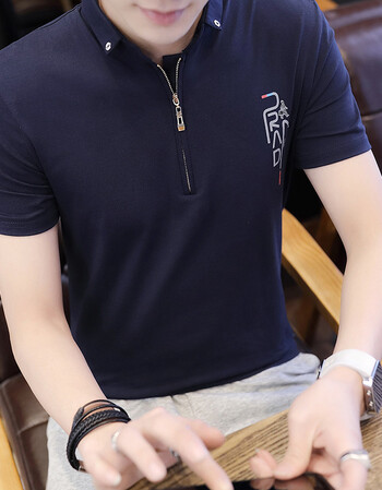 有带拉链领子全棉男士短袖t恤小微领夏季新款全棉有带领拉链短袖t恤