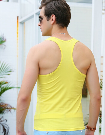 工字背心男 纯棉透气运动修身型弹力纯色健身青年紧身夏季跨栏薄 黄色