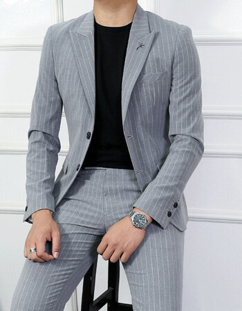 简约时尚条纹精品西服套装男潮绅士修身韩版小西装两件套 浅灰色薄款