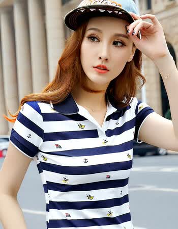 翻领t恤女夏季新款韩版条纹短袖上衣宽松显瘦运动休闲polo衫 宝蓝色 m
