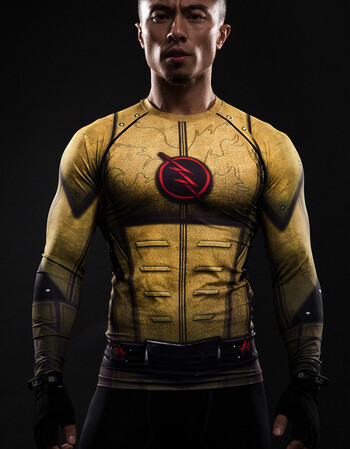 闪电侠t恤男衣服反派逆闪cosplay 3d英雄长袖漫威周边健身紧身衣 金色