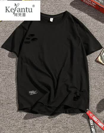 夏季日系短袖t恤男破洞潮流个性bf风嘻哈帅气衣服ins同款半袖 黑色