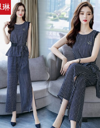 夏装2018新款时尚蘑菇街三十岁四十岁高腰大脚裤两件套装女夏2o18衣服