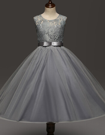 新品中小女童蕾丝高腰收身中长款连衣裙儿童婚纱礼服大蓬蓬裙 灰色