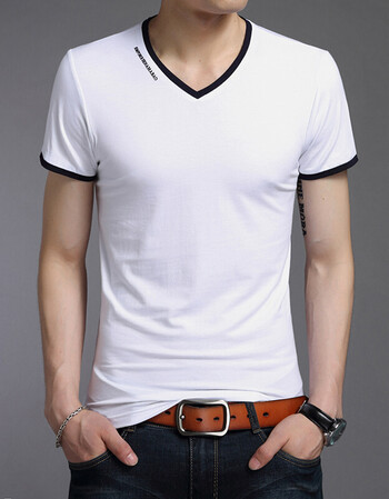 男士全棉短袖t恤男夏季纯色园领纯棉丅恤圆领修身纯白打底衫 v领字母