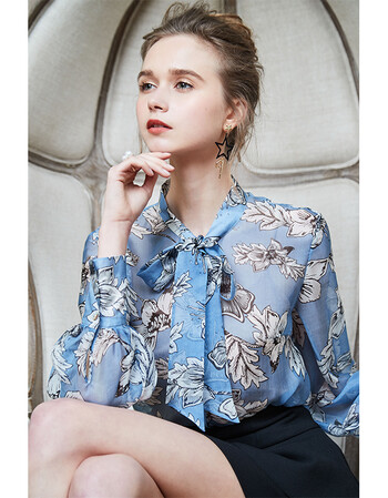 唯美蓝底白花真丝电力纺印花轻盈衬衣 蓝底白花 m40预25个工作日