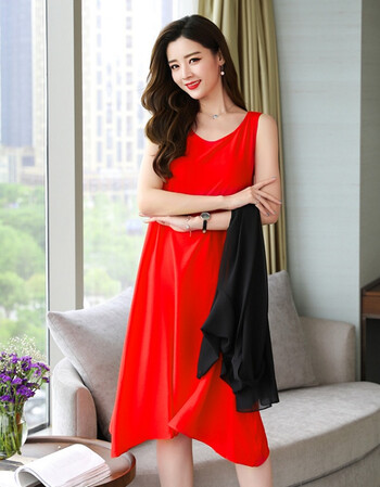 背心裙女夏连衣裙大码韩版女装无袖直筒中长款新款宽松打底衫 红色