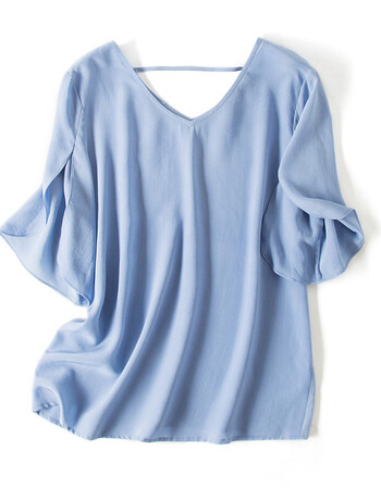 2018新款韩版真丝五分袖开叉女装显瘦桑蚕丝v领t恤衣服夏01b 天蓝色