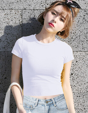 夏2018新款女网红同款露脐短袖漏肚脐短款紧身高腰上衣服白色t恤 短袖