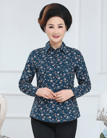 中年妈妈装秋季纯棉长袖衬衫女中老年人女装大码上衣小碎花衬衣 8016