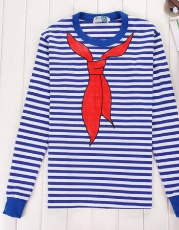 复古中国风男女装长袖打底衫大码t恤情侣款国货海军海魂衫 红领巾 180