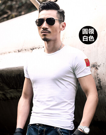 军迷短袖t恤男圆领纯棉弹力紧身衣服特种兵军装修身v领 t04白色圆领