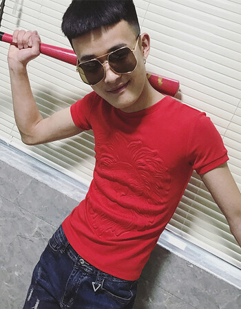 社会人短袖t恤男精神小伙修身同款衣服潮流紧身半袖 红色 l