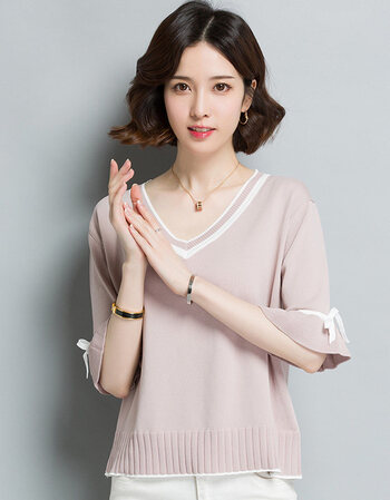 方知有短袖t恤衫女2018夏装针织打底衫体恤衣服女装 粉色 l